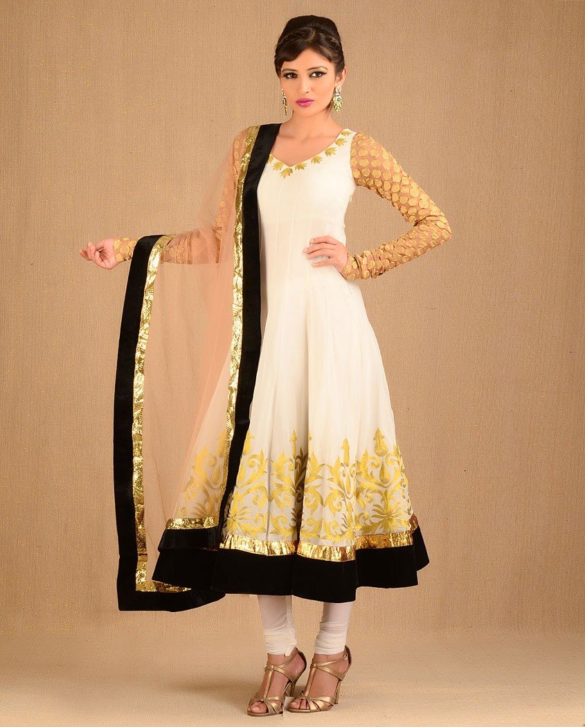 white anarkali with golden border