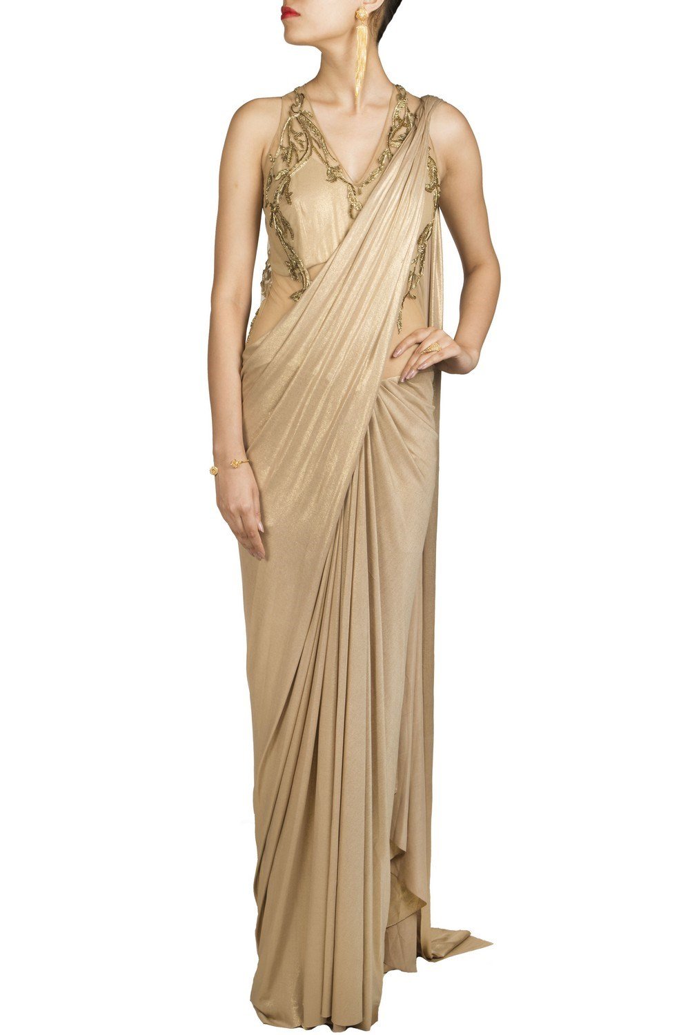 Gold Shimmer Jersey Saree Gown 