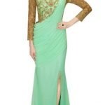 Aqua silver bead embroidered slit sari