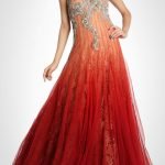 Brick Red Net Gown With Embossed Embroidery