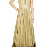 Gold metal flower embellished woven line long gown