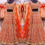 Red and Champagne Feather Design Lengha