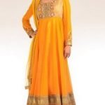 Paneled Orange Kalidar Suit with Embroidered Yoke