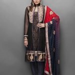 Black Brocade Suit with Red Borders and Ethnic Work