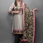 Beige & Black suit with resham embroidery and gold applique dupatta
