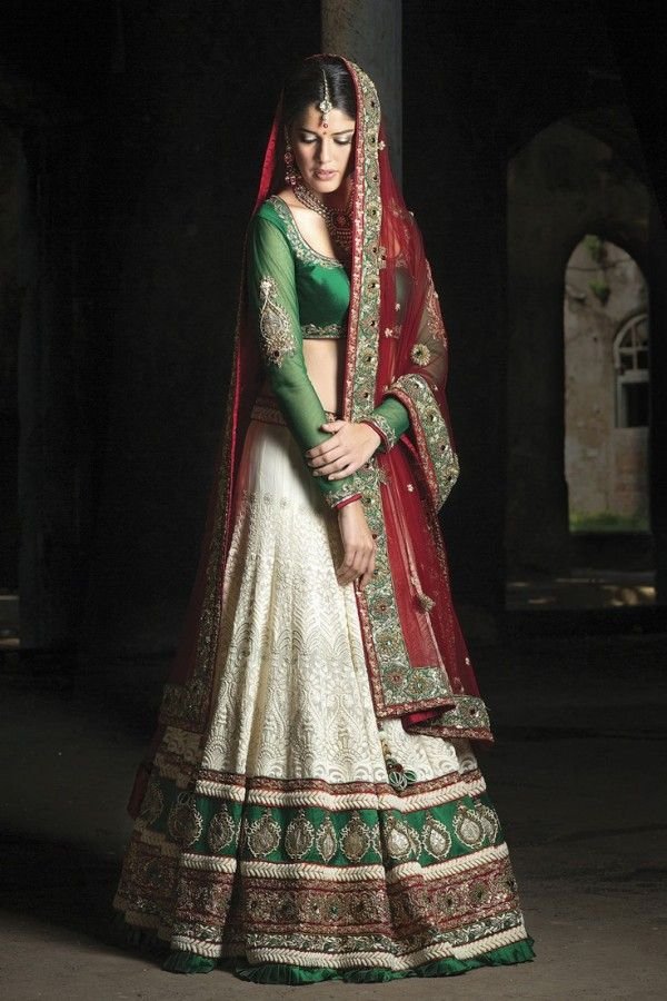 red and green bridal lehenga