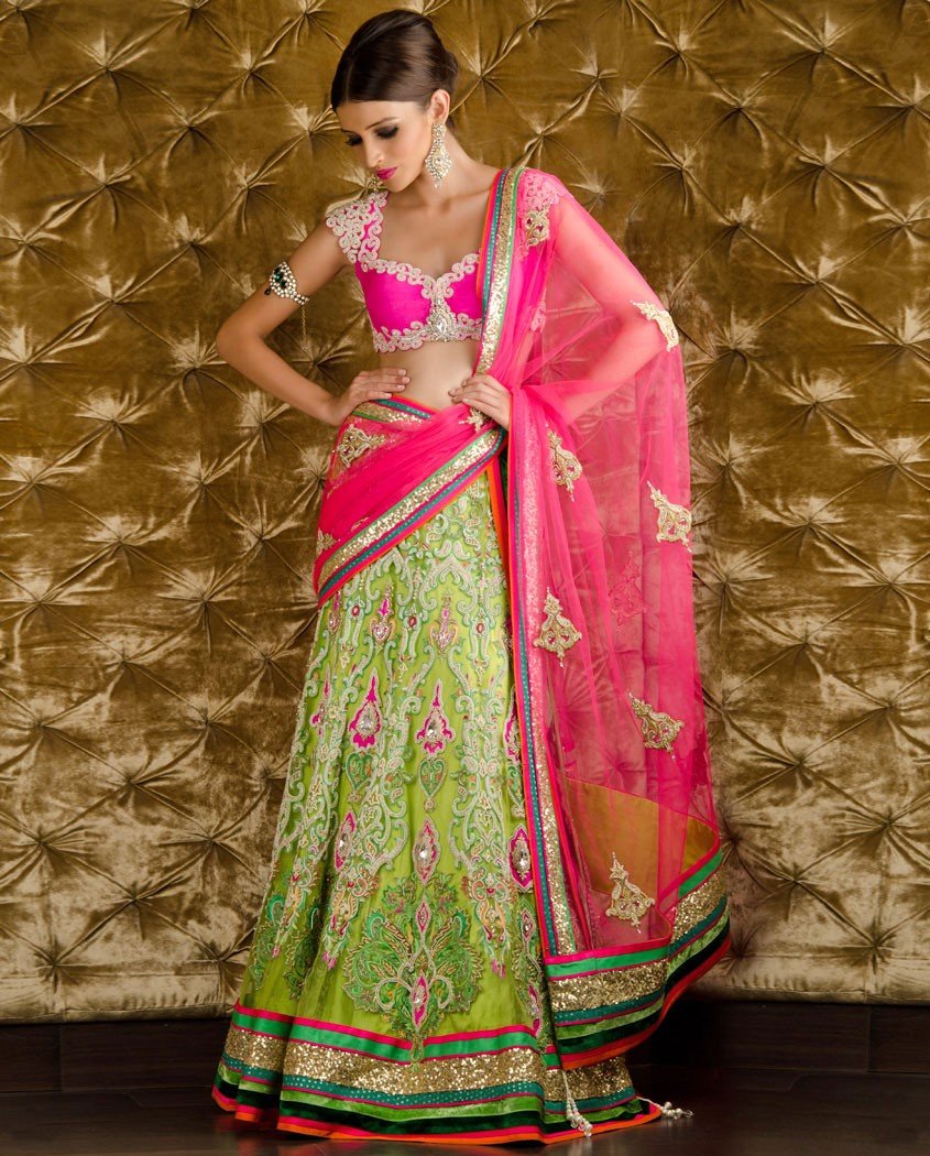 Parrot Green & Pink Coloured Designer Banarasi Lehenga Choli with Dupa –  Royskart