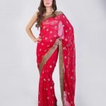 Pure Chiffon Red Saree with Polka Gold Zari Bootis