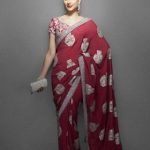 Gajri pink sari with silver crystal border & motives