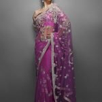 Pink net sari with silver crystal embroidery