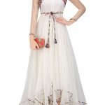 White Geometric Pattern Embroidered High Low Trail Cut Dress