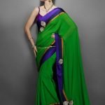 Green Sari With Multi-Color Satin Border