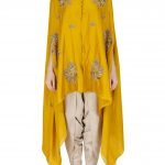 Mustard Embroidered V Neck Cape with Ivory Dhoti Pants