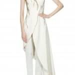 Ivory bugal beads and sequins embellished asymmetric jacket and trouser pants set
