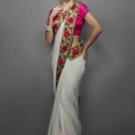 Cream Chiffon Sari with antique gold zari embroidered border with red & fuchsia flowers