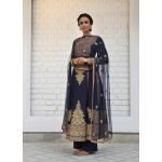 Navy blue Chanderi silk princess-cut kalidar