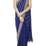 Blue embroidered sari with blouse & petticoat piece
