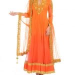 Flame Orange Anarkali Suit with Zari Embroidered Floral Yoke