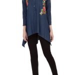 Blue embroidered denim asymmetric tunic