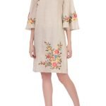 Beige linen embroidered short dress