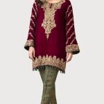 Red short velvet shirt and bottle green pants.
