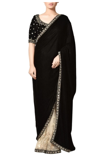 Black & off-white thread embroidered velvet sari with blouse