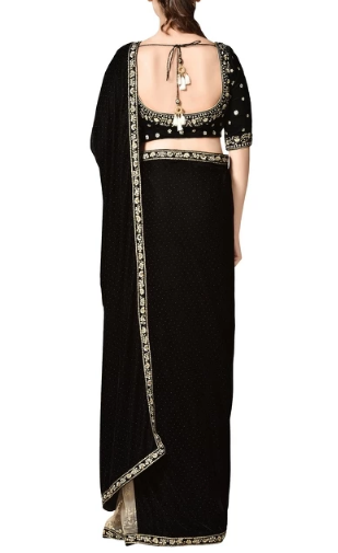 Black & off-white thread embroidered velvet sari with blouse - Image 2