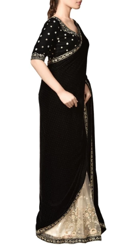 Black & off-white thread embroidered velvet sari with blouse - Image 3
