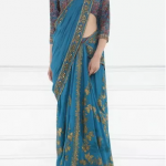 Teal Foil Embroidered Pre-Stitched Saree with Blouse