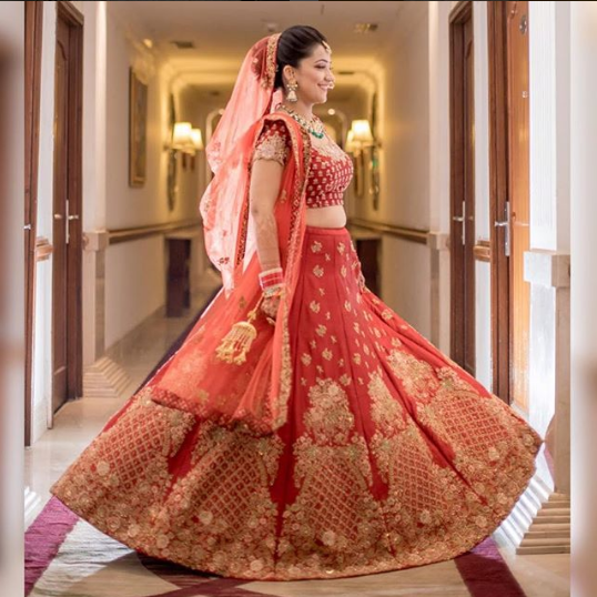 True-Red A-Line Net Lehenga Choli with All-Over Beautiful Thread-Pearl  Embroidery and Matching Dupatta | Exotic India Art