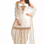 Embroidered Georgette Punjabi Suit in Off White