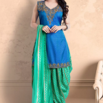 Hand Embroidered Dupion Silk Punjabi Suit in Blue
