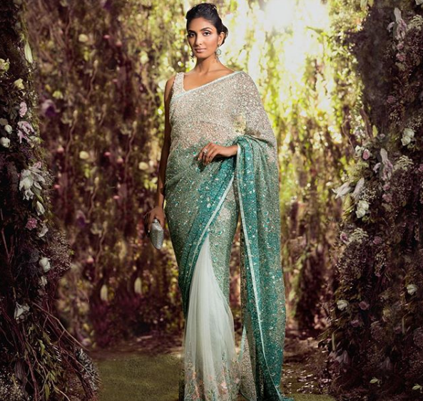 Mint Green Color Embroidered Saree
