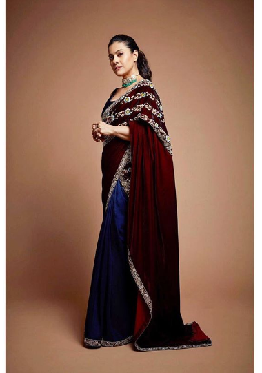 SD5402A33 Dark Cream And Royal Blue Velvet Saree