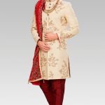 Beige Thread Embroidered Silk Wedding Sherwani