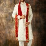 Off White Bead Embroidered Silk Wedding Sherwani
