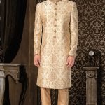 Beige & Gold Raw Silk Zari Embroidered Wedding Sherwani