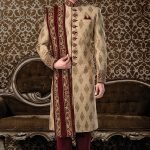 Beige Raw Silk Zari Woven Wedding Sherwani