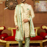 Cream Art Banarasi Silk Sherwani Set