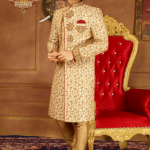 Cream Art Silk Groom Sherwani