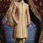 Pink,Golden Color Wedding Sherwani.