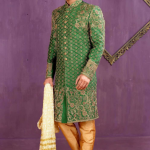 Eye-Catching Banarasi Silk,Brocade Fabric Green Color Sherwani