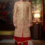Beige & Red Raw Silk Resham Embroidered Wedding Sherwan