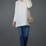 Off White Crystal And Pearl Beads Embroidered Tunic Top