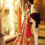red green color bridal lehenga