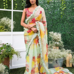 Mint green color party wear sari