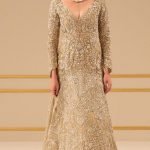 A mystical gown with a long trail following it in beige color.