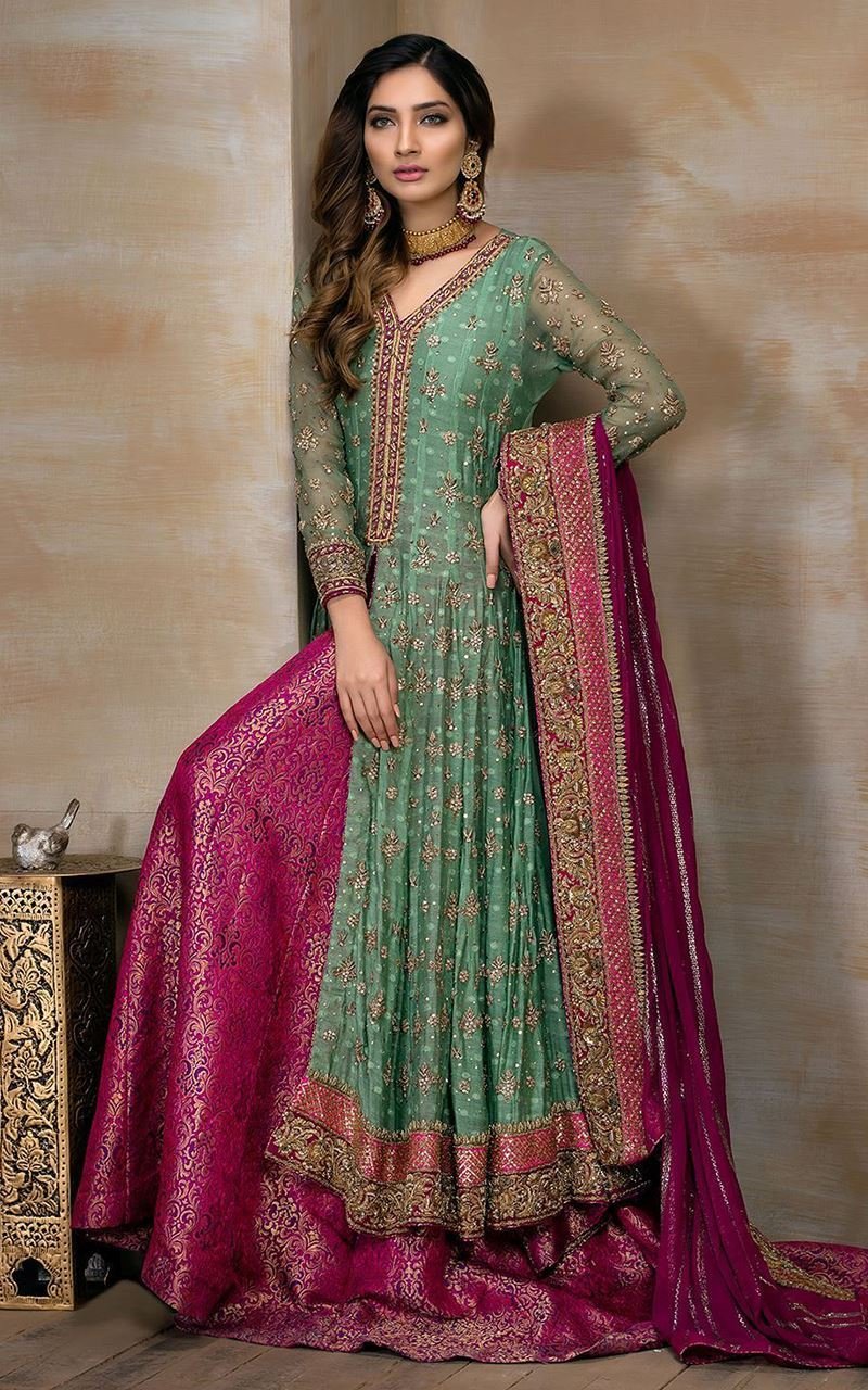 Buy Moss Green Lehenga Choli With Sequins Embroidery And Contrasting Magenta  Border And Sleeve Detailing