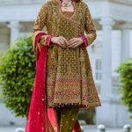 Mehndi green shirt paired with trousers and pink chiffon dupatta.
