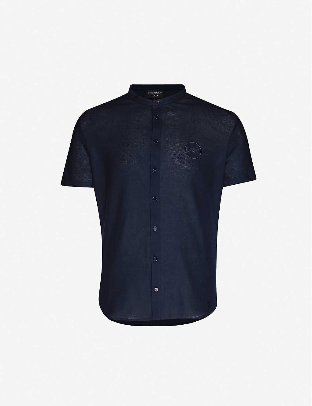 EMPORIO ARMANI Mandarin collar short sleeved cotton piqu shirt